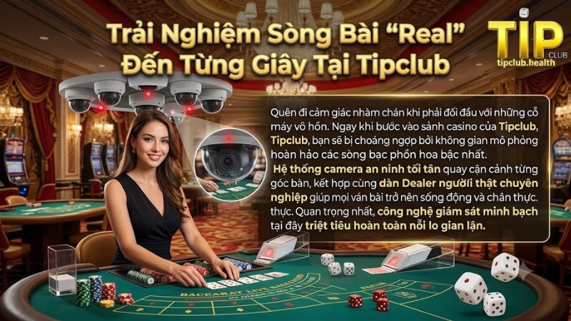 Dealer người thật đang chia bài trực tiếp tại sảnh casino của cổng game Tipclub Dealer người thật đang chia bài trực tiếp tại sảnh casino của cổng game Tipclub